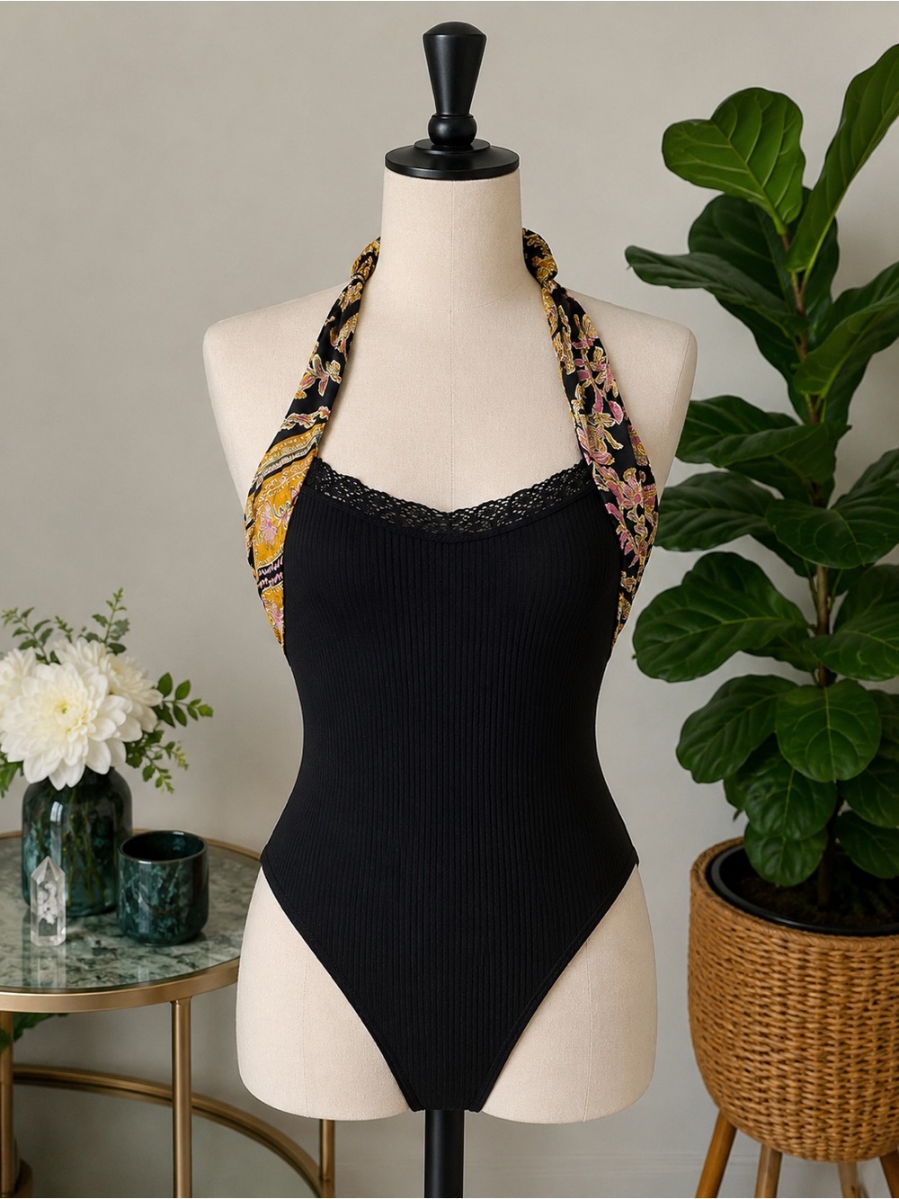 Free People Black Halter Bodysuit with Floral Handkerchief Tie Straps-NWT